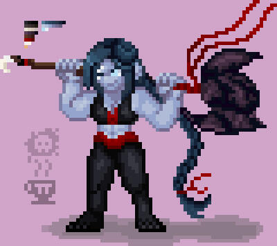 A sprite depicting fellow artist, SketchyGoblin's D&D Character, Ingris! She is a lightly blue stone giant, wearing workout gear and lifting a big hammer.