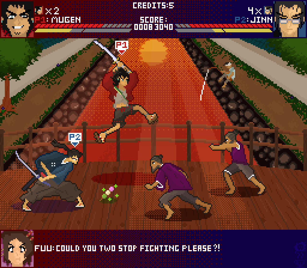 A mockup of an arcade-style beat-em-up game for the anime Samurai Champloo. Mugen and Jin face down two unknown assailants on a bridge, while Fuu yells at them to stop fighting.