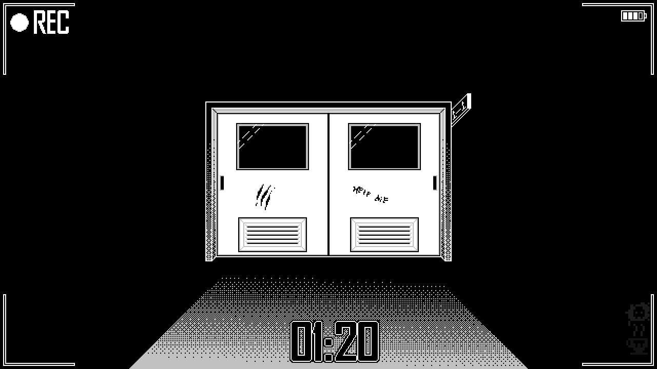 A 1bit gif of a classroom door as seen through the lens of a handheld camera. The door opens and the camera approaches the door. The screen glitches, and footsteps splash in water as they approach the door. A girl in a uniform and soaked in water appears,