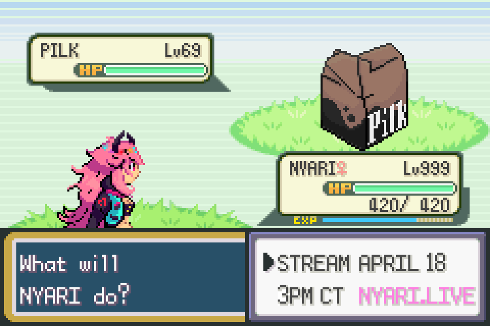 A stream teaser for the Vtuber, Helalixir! Structured like a pokemon battle, Helalixir faces down her mortal enemy in a battle, Pilk.