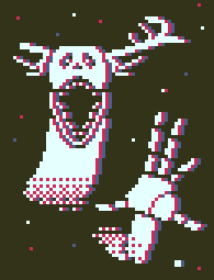 A 1bit sprite of The Prisoner from the video game Outer Wilds. There is a glitch effect over him as he reaches out towards the viewer.